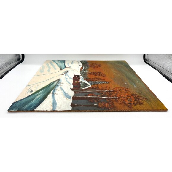 Winter Scene Painting Hand Painted Original Acrylic Rough Wood Raw Edge Signed - Picture 7 of 11